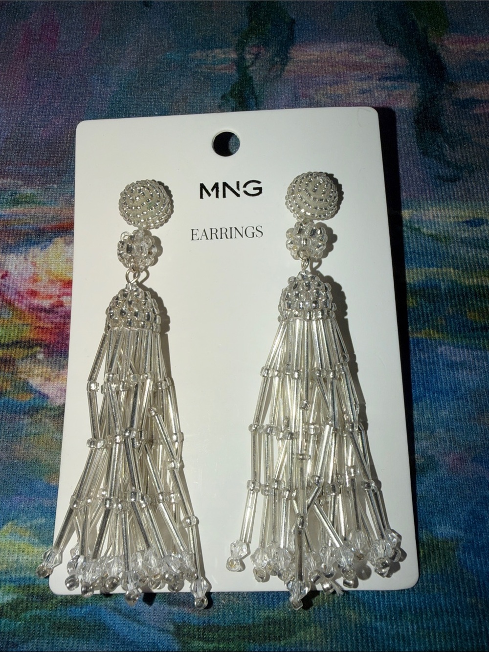 Mango Clear Beaded seed Tassel Drop Earrings NWT NEW